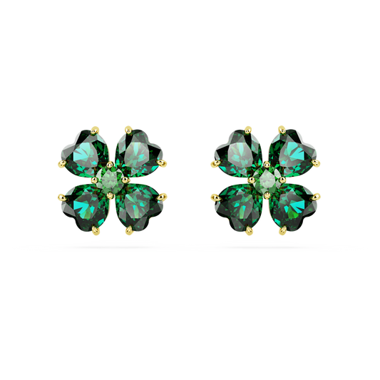 Idyllia stud earrings, Clover, Green, Gold-tone plated