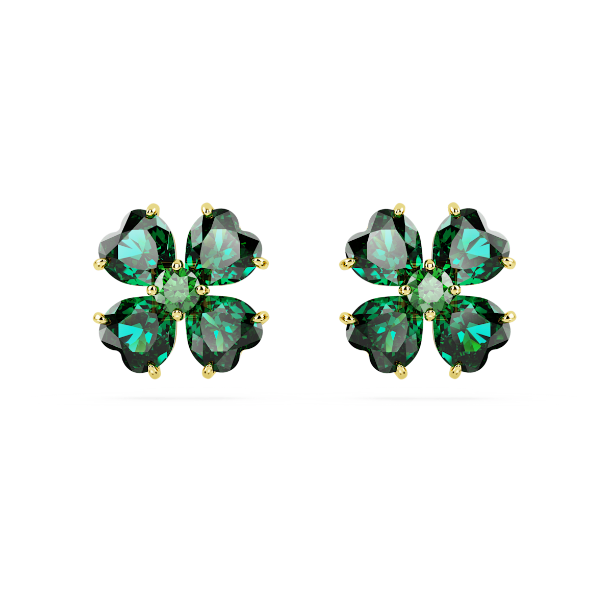 Idyllia stud earrings, Clover, Green, Gold-tone plated