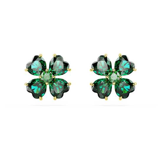 Idyllia stud earrings, Clover, Green, Gold-tone plated