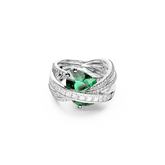Hyperbola cocktail ring, Carbon neutral zirconia, Mixed cuts, Four bands, Green, Rhodium plated
