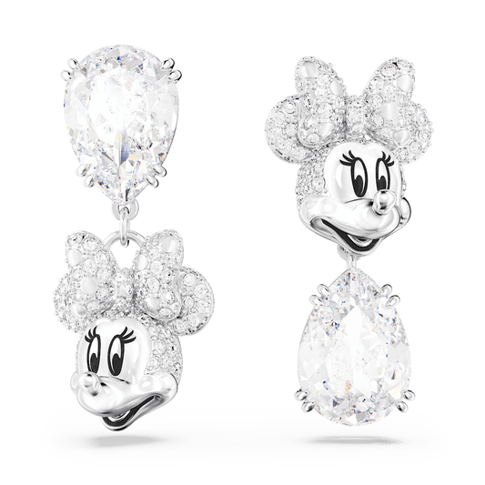 Disney Minnie Mouse drop earrings, Asymmetrical design, White, Rhodium plated