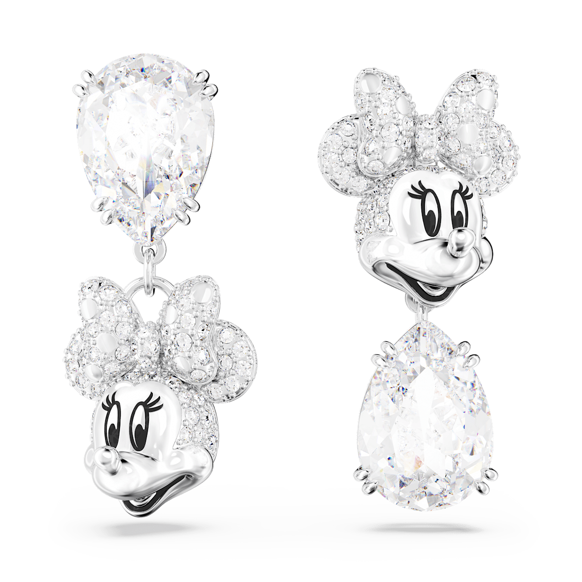 Disney Minnie Mouse drop earrings, Asymmetrical design, White, Rhodium plated