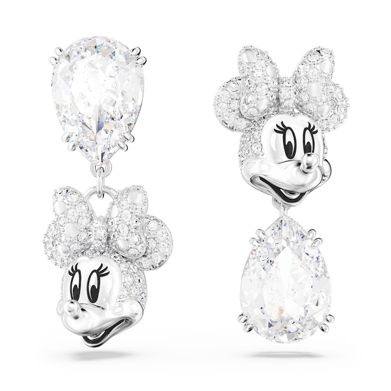 Disney Minnie Mouse drop earrings, Asymmetrical design, White, Rhodium plated