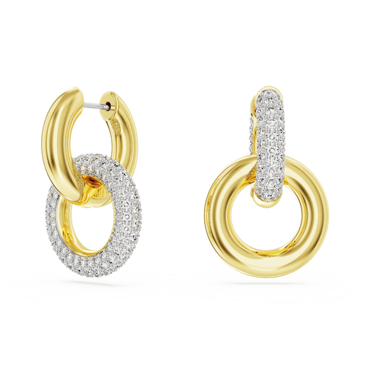 Dextera hoop earrings, Asymmetrical design, Interlocking loop, White, Gold-tone plated