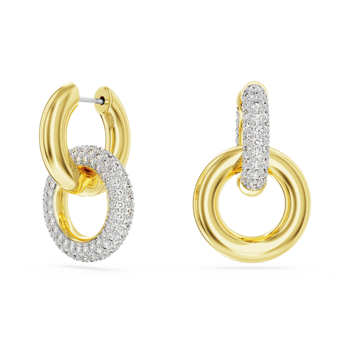 Dextera hoop earrings, Asymmetrical design, Interlocking loop, White, Gold-tone plated