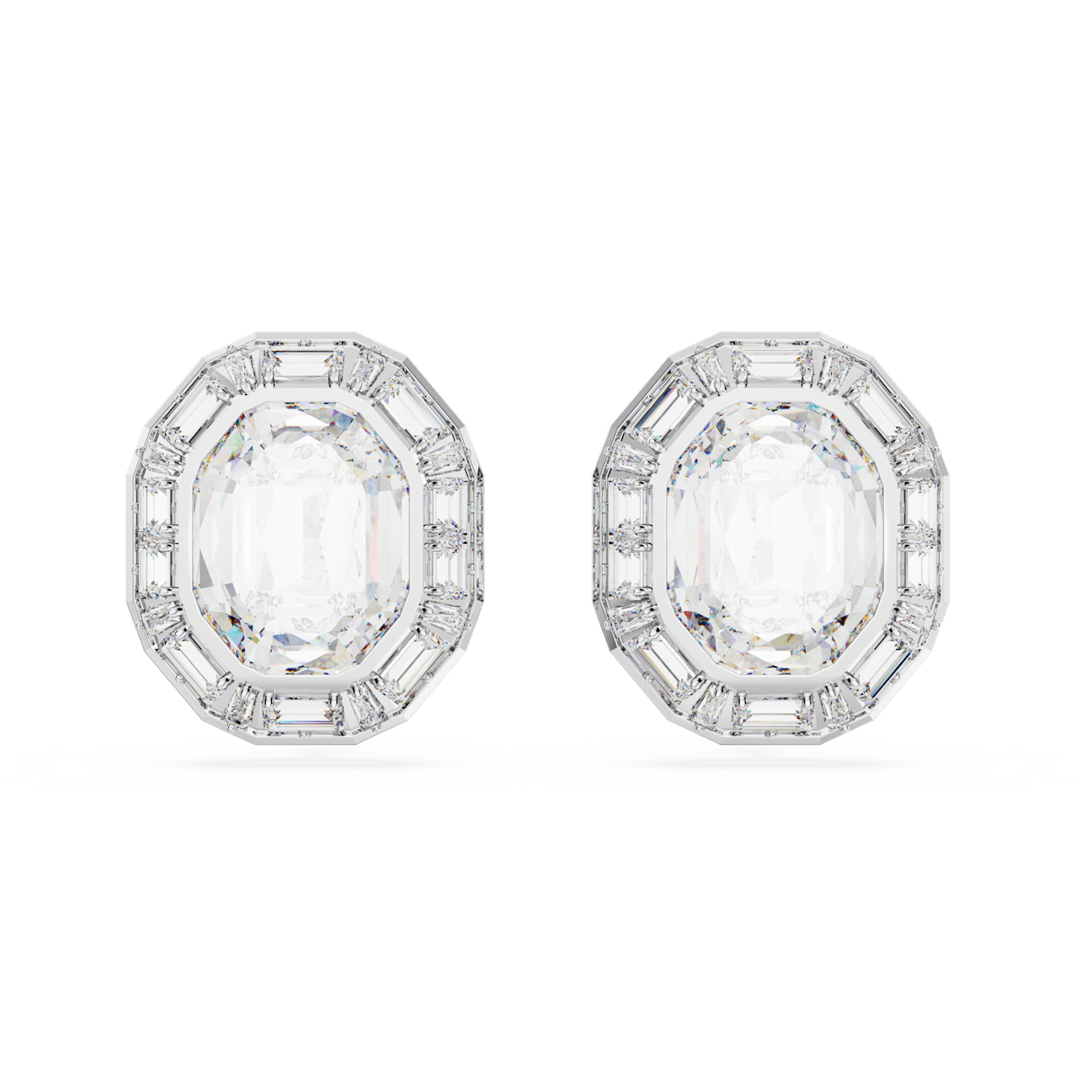 Mesmera clip earrings, Octagon cut, White, Rhodium plated