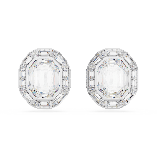 Mesmera clip earrings, Octagon cut, White, Rhodium plated