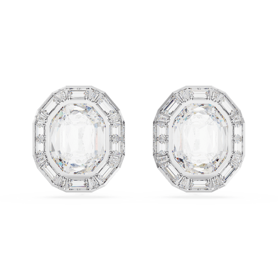 Mesmera clip earrings, Octagon cut, White, Rhodium plated