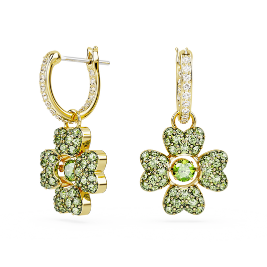 Idyllia drop earrings, Clover, Green, Gold-tone plated