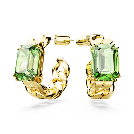 Millenia hoop earrings, Octagon cut, Green, Gold-tone plated