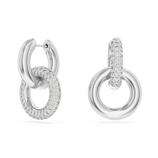 Dextera hoop earrings, Asymmetrical design, Interlocking loop, White, Rhodium plated