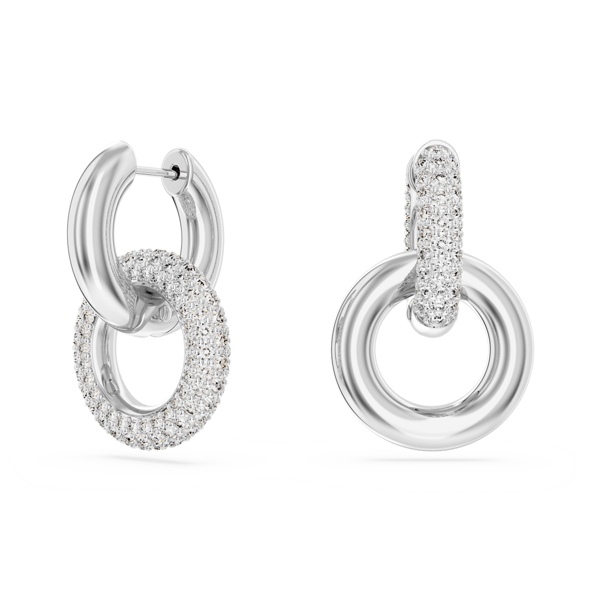 Dextera hoop earrings, Asymmetrical design, Interlocking loop, White, Rhodium plated