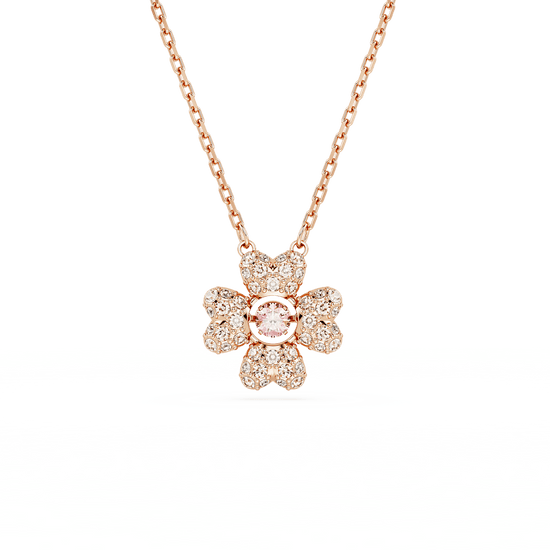 Idyllia pendant, Clover, White, Rose gold-tone plated