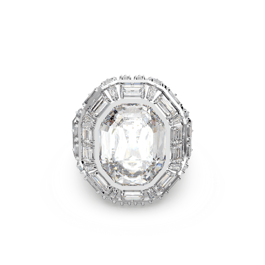 Mesmera cocktail ring, Octagon cut, White, Rhodium plated