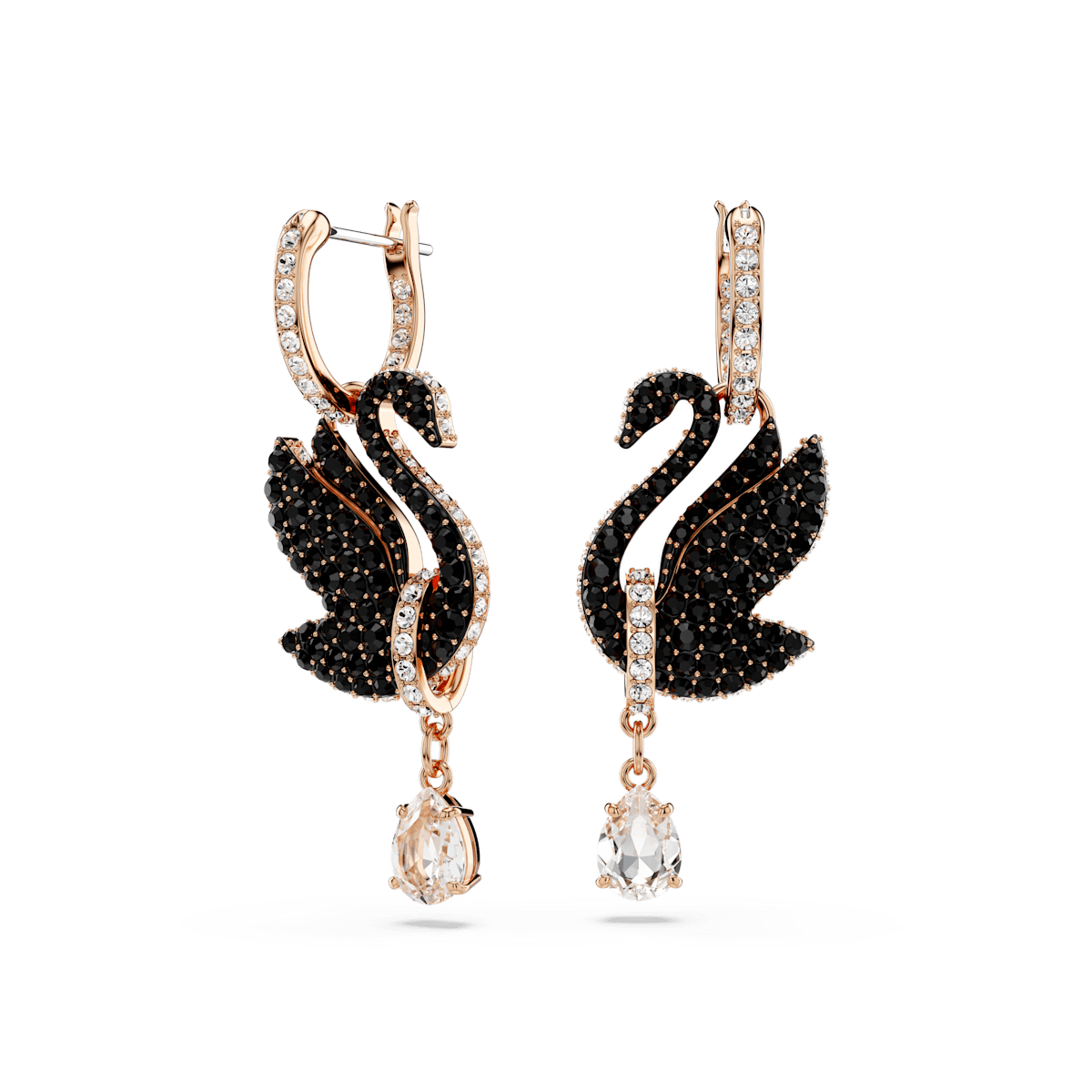 Swarovski Swan drop earrings, Swan, Black, Rose gold-tone plated