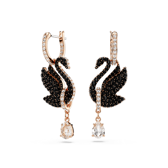 Swarovski Swan drop earrings, Swan, Black, Rose gold-tone plated