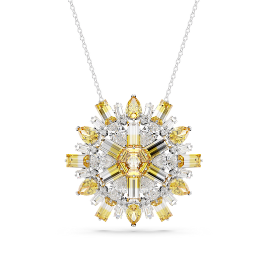 Idyllia pendant and brooch, Flower, Long, Yellow, Rhodium plated