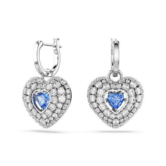 Hyperbola drop earrings, Heart, Blue, Rhodium plated