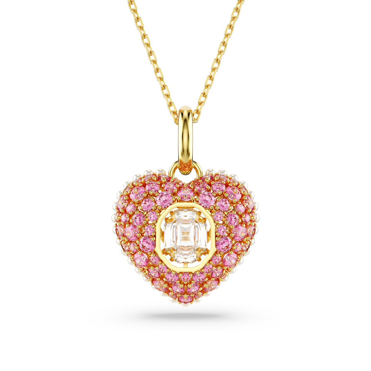 Hyperbola pendant, Octagon cut, Crystal pearls, Heart, Pink, Gold-tone plated