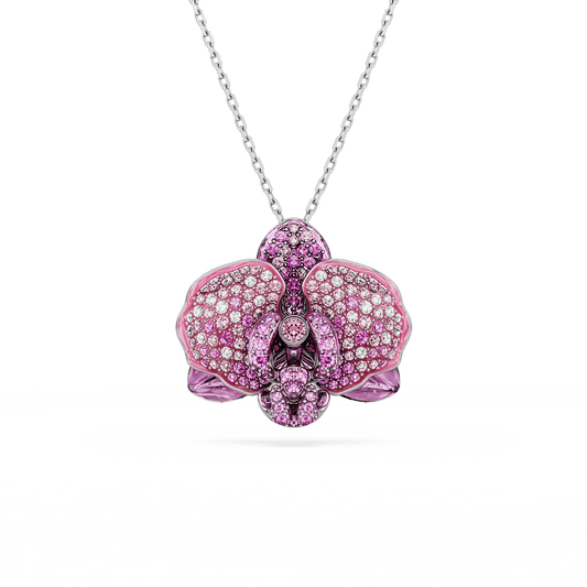 Idyllia pendant, Flower, Pink, Rhodium plated