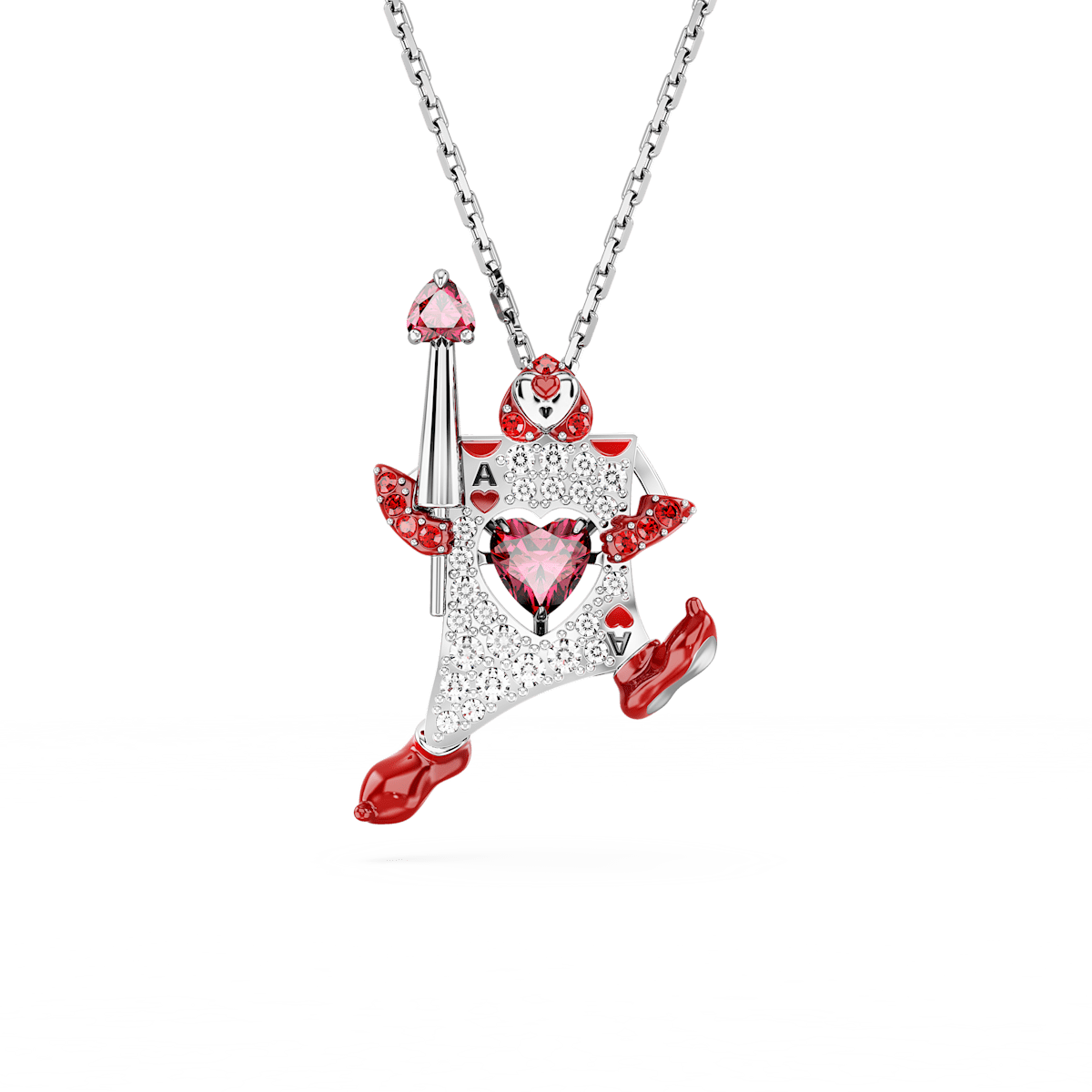 Alice in Wonderland pendant, Playing card, Red, Rhodium plated