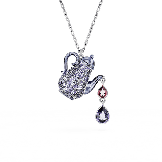 Alice in Wonderland pendant, Teapot, Purple, Rhodium plated