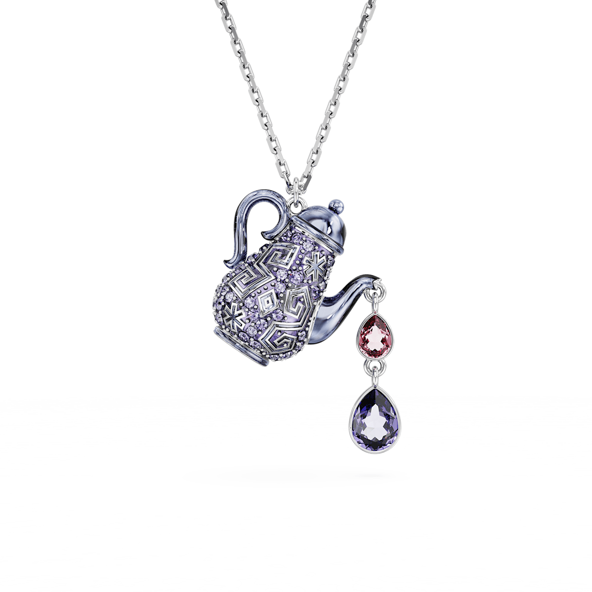 Alice in Wonderland pendant, Teapot, Purple, Rhodium plated