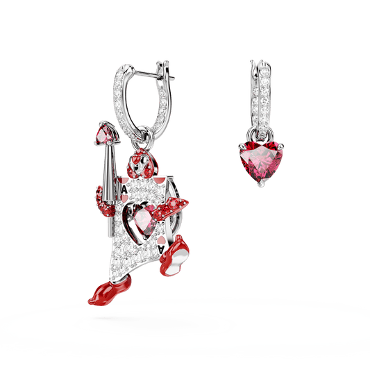 Alice in Wonderland drop earrings, Asymmetrical design, Playing card, Red, Rhodium plated