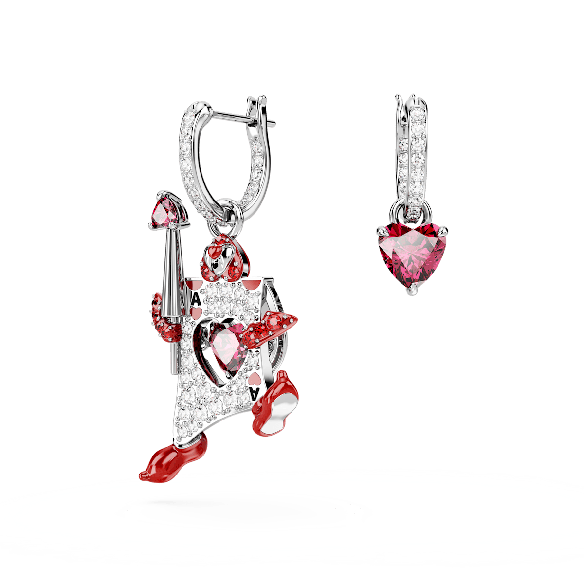 Alice in Wonderland drop earrings, Asymmetrical design, Playing card, Red, Rhodium plated