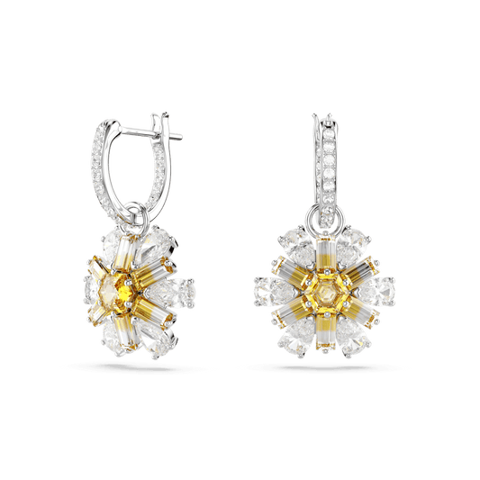 Idyllia drop earrings, Flower, Yellow, Rhodium plated