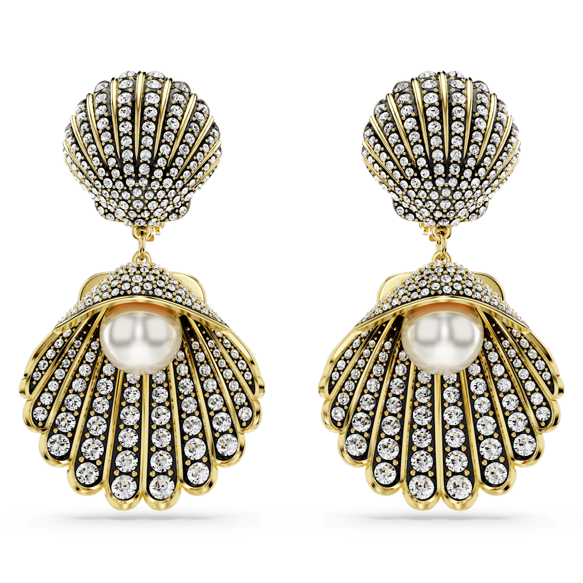 Idyllia clip earrings, Crystal pearl, Shell, White, Gold-tone plated