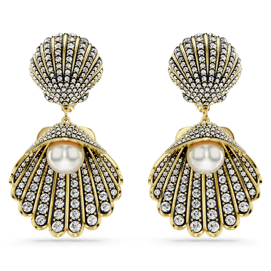 Idyllia clip earrings, Crystal pearl, Shell, White, Gold-tone plated