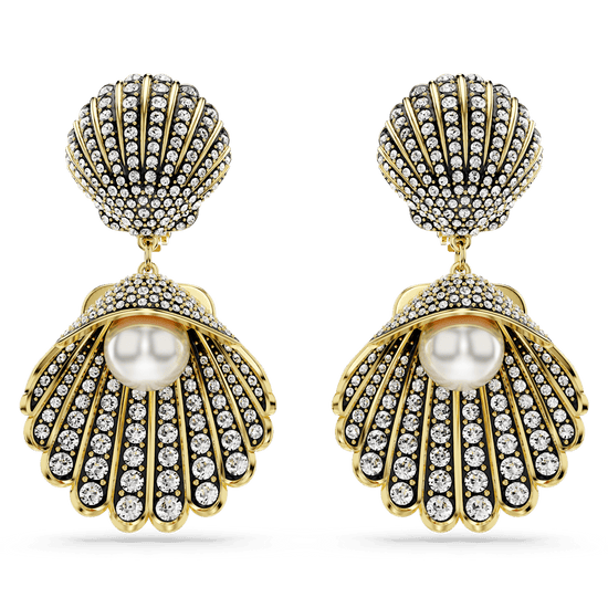 Idyllia clip earrings, Crystal pearl, Shell, White, Gold-tone plated