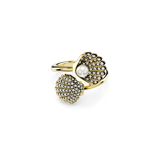 Idyllia open ring, Crystal pearl, Shell, White, Gold-tone plated