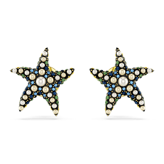 Idyllia stud earrings, Starfish, Small, Blue, Gold-tone plated