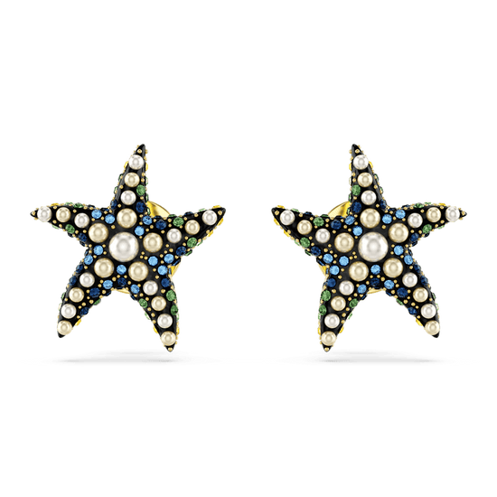 Idyllia stud earrings, Starfish, Small, Blue, Gold-tone plated