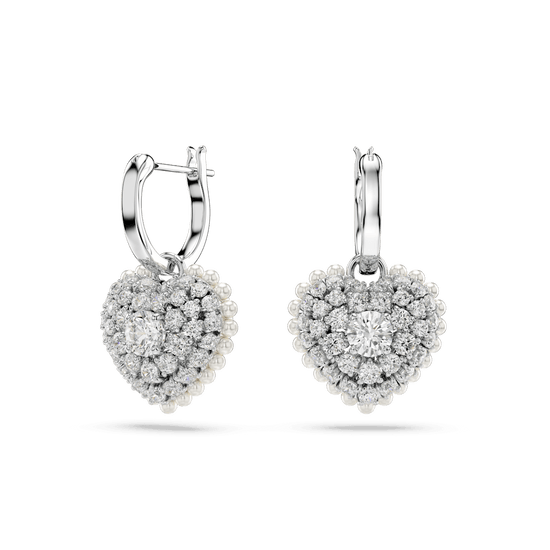 Hyperbola drop earrings, Heart, White, Rhodium plated