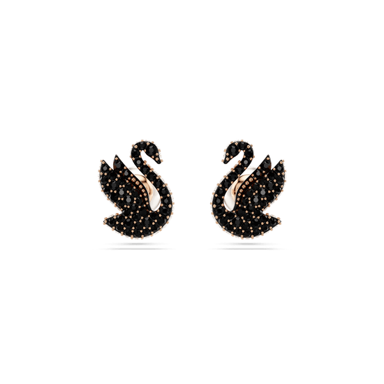 Swarovski Swan stud earrings, Swan, Black, Rose gold-tone plated