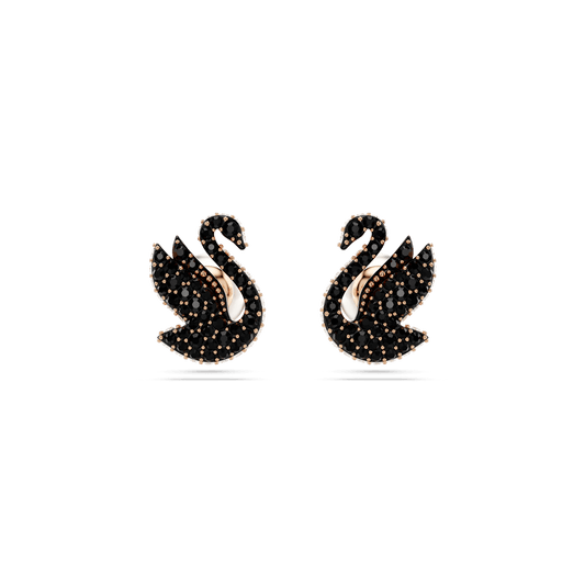 Swarovski Swan stud earrings, Swan, Black, Rose gold-tone plated