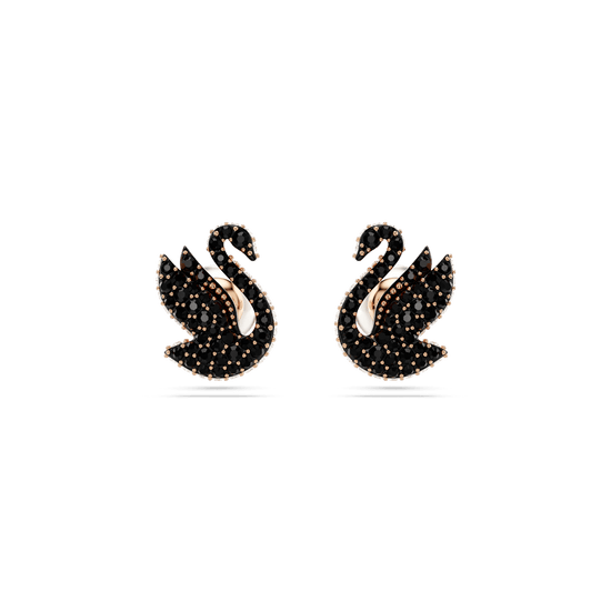 Swarovski Swan stud earrings, Swan, Black, Rose gold-tone plated