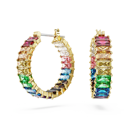 Matrix hoop earrings, Baguette cut, Multicolored, Gold-tone plated