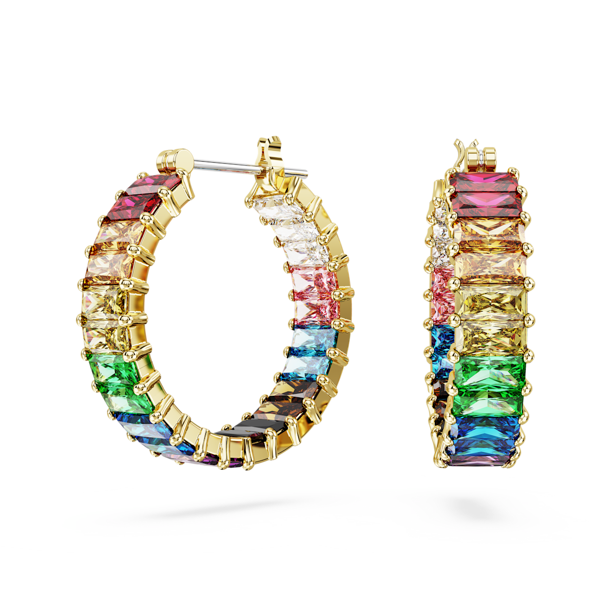 Matrix hoop earrings, Baguette cut, Multicolored, Gold-tone plated