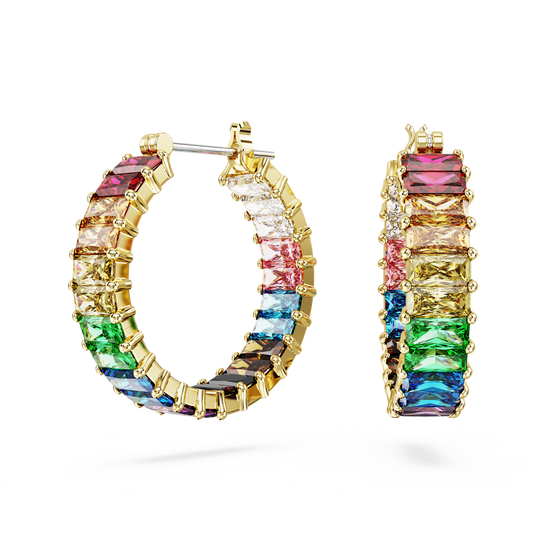 Matrix hoop earrings, Baguette cut, Multicolored, Gold-tone plated