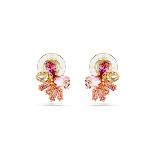 Gema clip earrings, Mixed cuts, Flower, Pink, Gold-tone plated