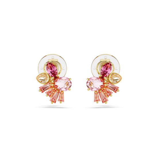 Gema clip earrings, Mixed cuts, Flower, Pink, Gold-tone plated
