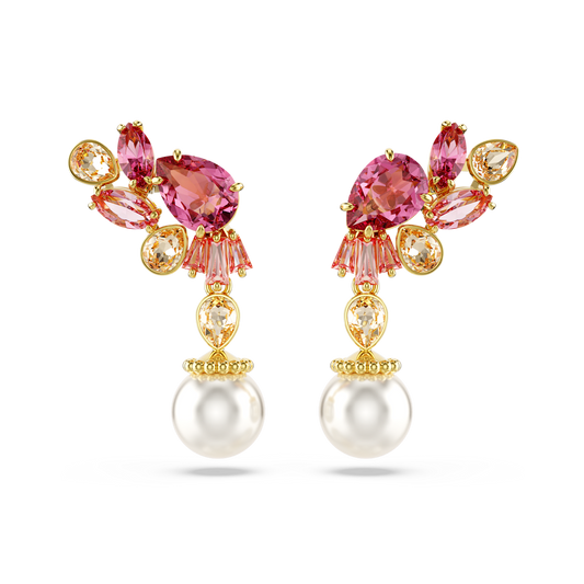 Gema drop earrings, Mixed cuts, Crystal pearls, Flower, Pink, Gold-tone plated