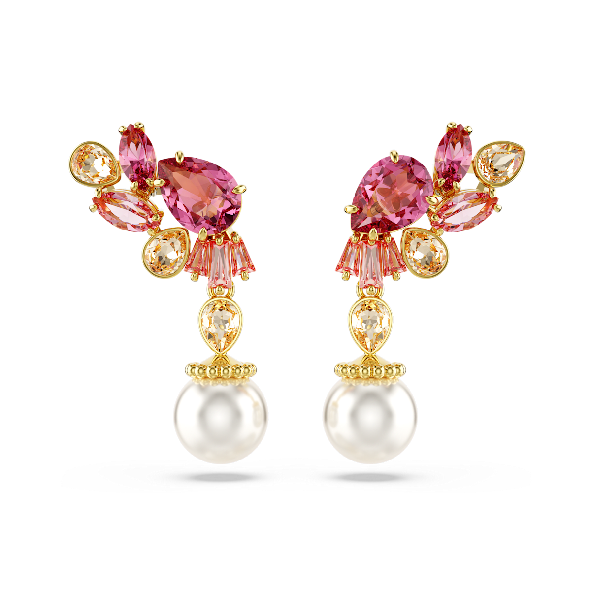 Gema drop earrings, Mixed cuts, Crystal pearls, Flower, Pink, Gold-tone plated