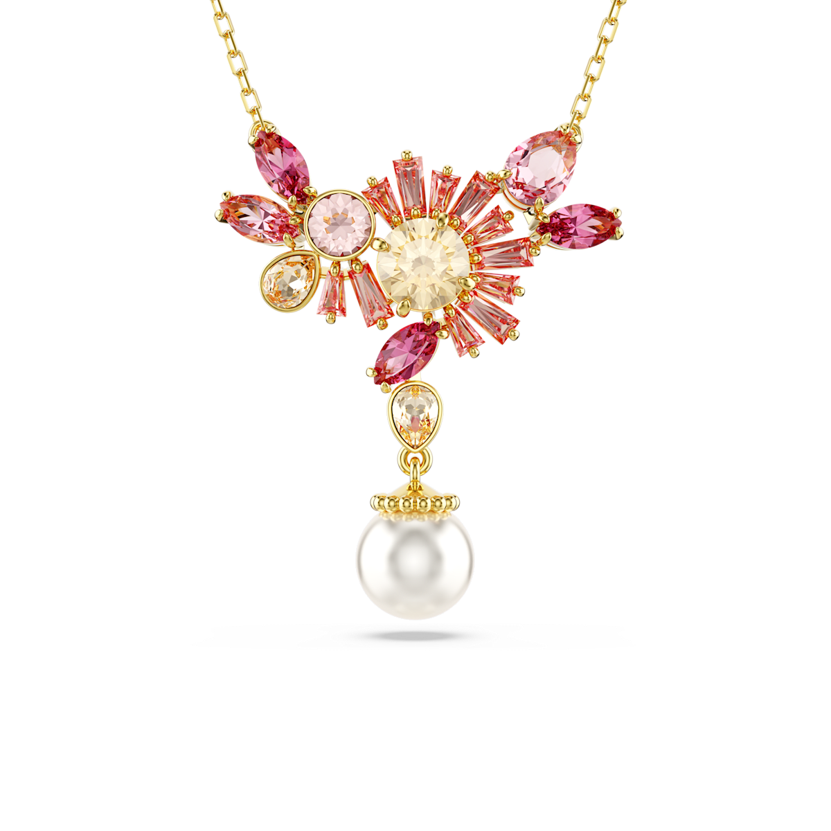 Gema pendant, Mixed cuts, Crystal pearl, Flower, Pink, Gold-tone plated