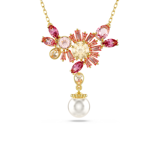 Gema pendant, Mixed cuts, Crystal pearl, Flower, Pink, Gold-tone plated
