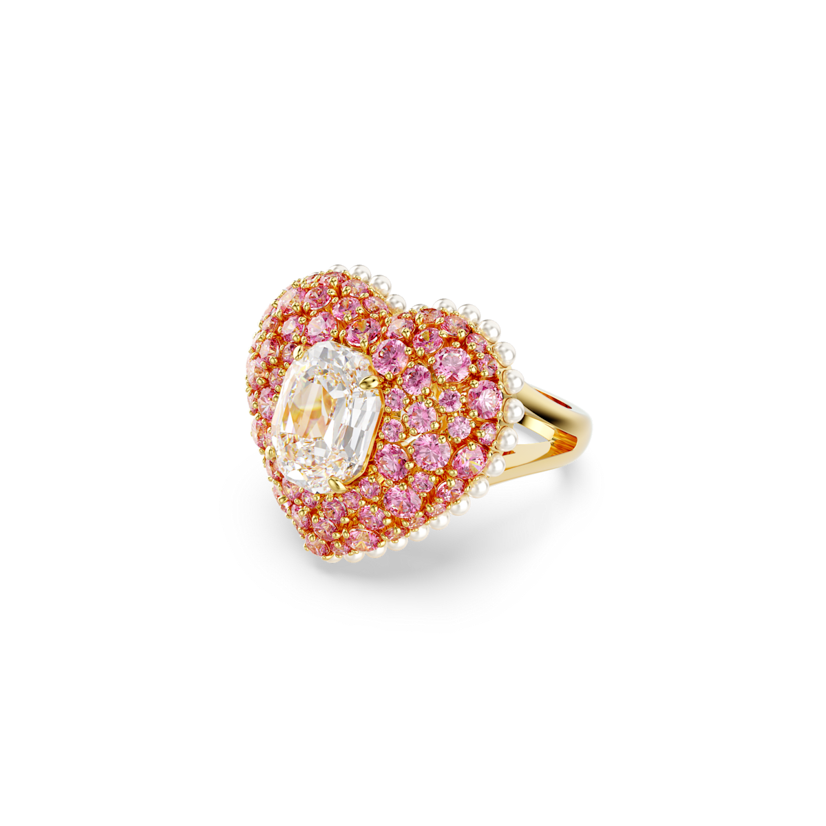 Hyperbola cocktail ring, Octagon cut, Crystal pearls, Heart, Pink, Gold-tone plated